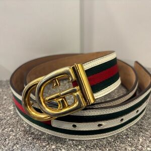 Gucci Men's Belt with Gold Buckle and Stripes